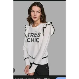 Karl Lagerfeld Beige Black Tres Chic Ruffle Sweater Small